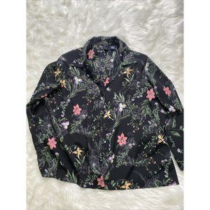 Laura Scott Womens 26 Wide Button Up Blouse Black Floral